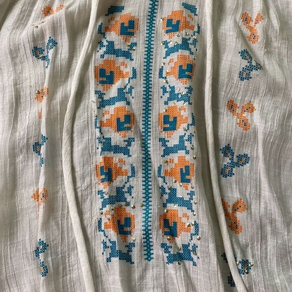 Wrangler peasant boho hippie shirt top turquoise tie neck Sz L - Picture 7 of 10